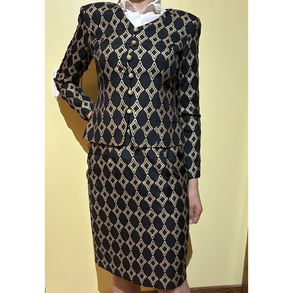 Vintage Spenser Jeremy 100% Silk Skirt Suit Set 6P Black Gold Metallic Diamond